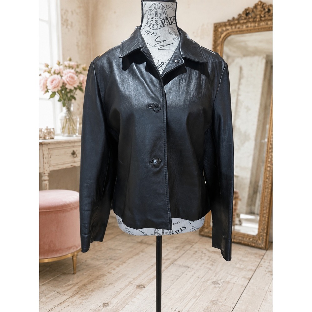 Rem Garson Vintage Black Leather Jacket Button Front Classic Spread Collar Small